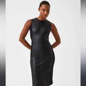 SPANX L NWT Faux Leather Black Midi Sheath Dress